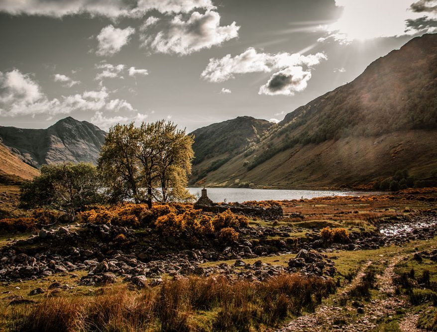 Remote loch and mountain landscape in Wester Ross, Scottish Highlands.