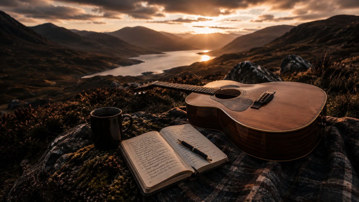 Acoustic guitar and songwriting notebook overlooking the Scottish Highlands at sunset.