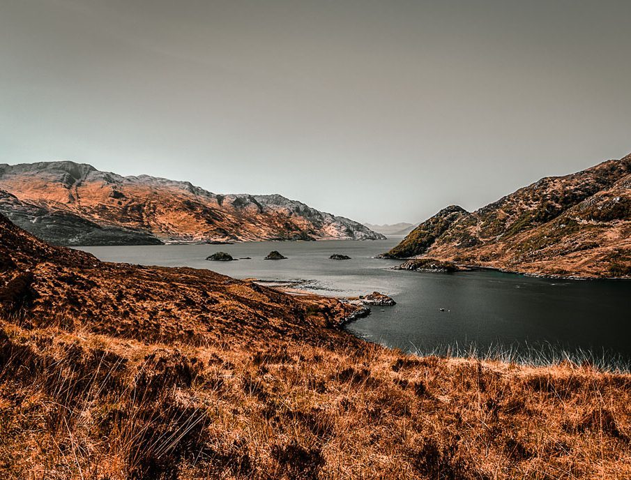 Remote coastal landscape Remote coastal landscape overlooking Loch Nevis in Knoydart, Scottish Highlands.
