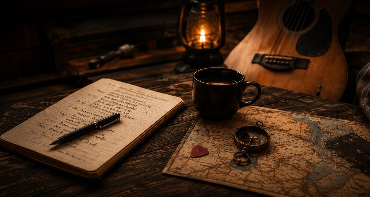 Songwriting notebook, acoustic guitar and map used during the creation of Scotland – A Love Letter.
