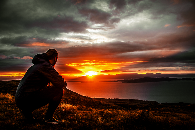 Golden evening light across the Isle of Skye, Scottish Highlands.