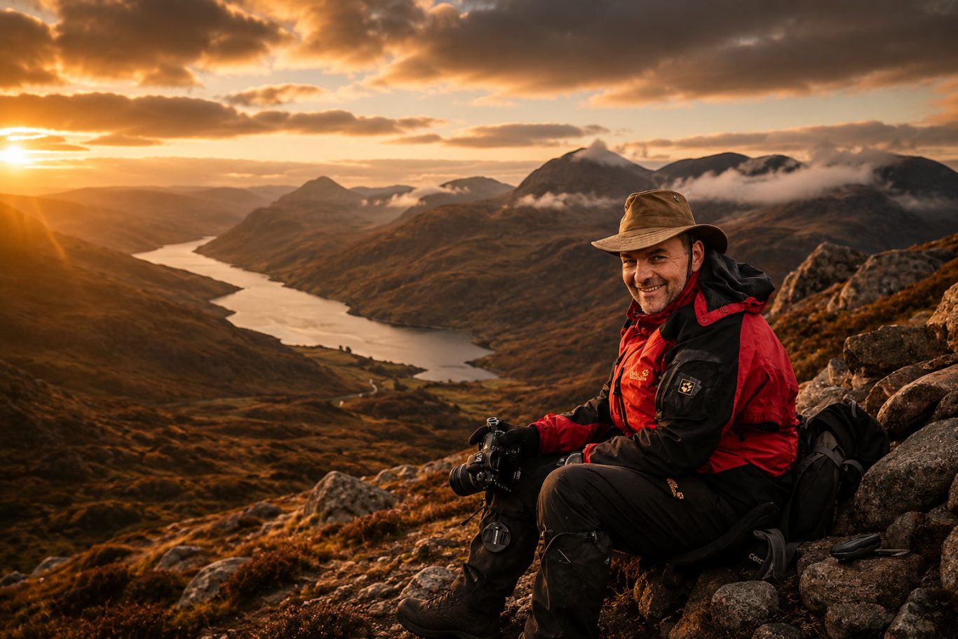 J. Jefferson photographing the Scottish Highlands during a hiking journey at sunset.