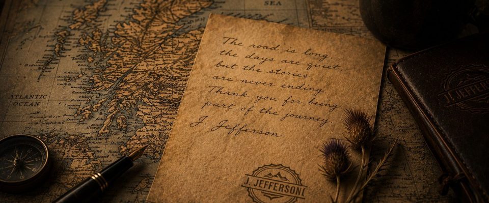 Handwritten thank-you note on a map of Scotland marking the end of a memorable journey.