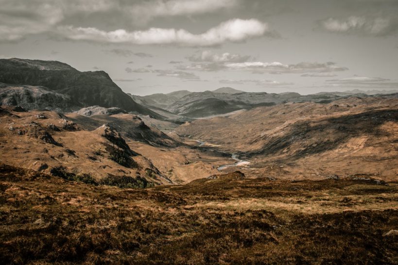 Rugged mountain and loch landscape in Wester Ross, Scotland